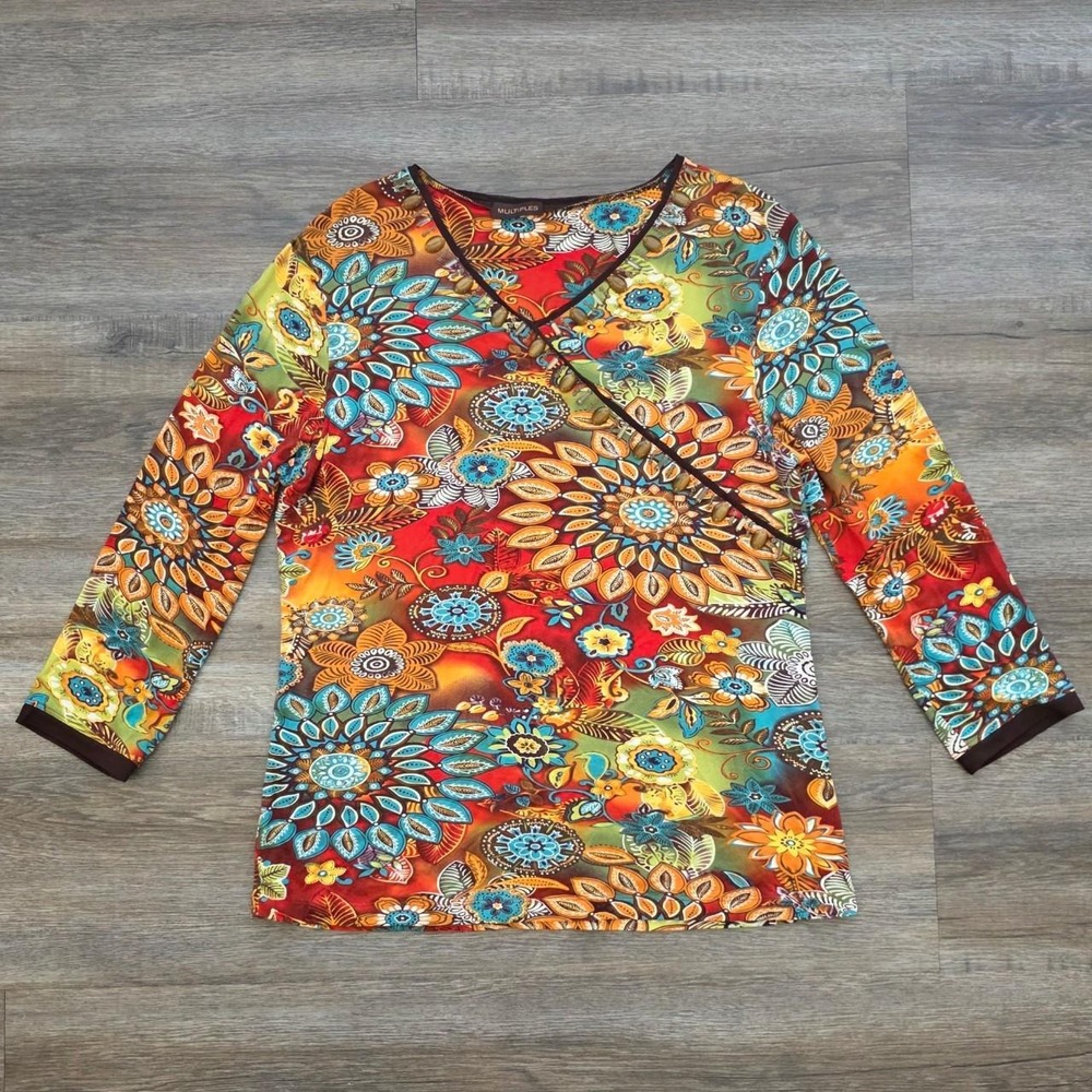 Multiples Vintage Boho Psychedelic Mandala Faux Wrap Top Orange Red Medium
